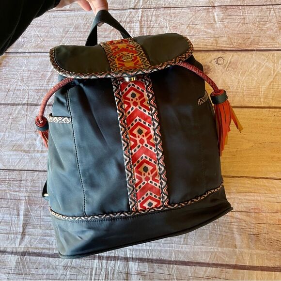 Spartina 449 Armada Drawstring Backpack Herringbone Blue Coral Tassles - Picture 2 of 12